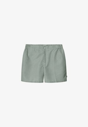 Groene zwemshorts met een elastische tailleband en een knoopsluiting, voorzien van een geometrisch ontwerp en een zachte textuur.
