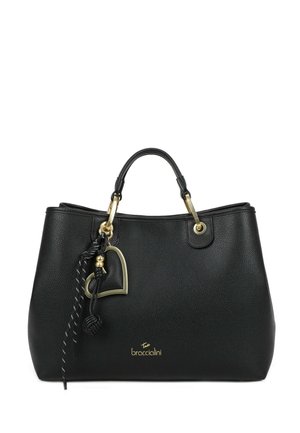 Borsa a mano in pelle nera testurizzata con dettagli in oro, doppi manici, ciondolo a forma di cuore e logo "braccialini" in oro sul davanti.