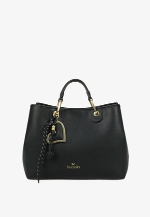 Borsa a mano in pelle nera testurizzata con dettagli in oro, doppi manici, ciondolo a forma di cuore e logo "braccialini" in oro sul davanti.