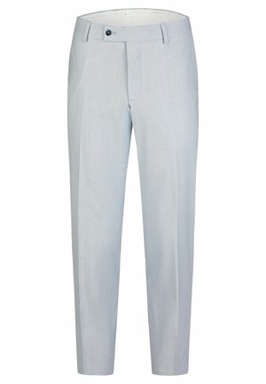 Lichtgrijze broek van textuurstof, met een rechte pijpdesign, voorplooien en een enkele knoopsluiting bij de tailleband.