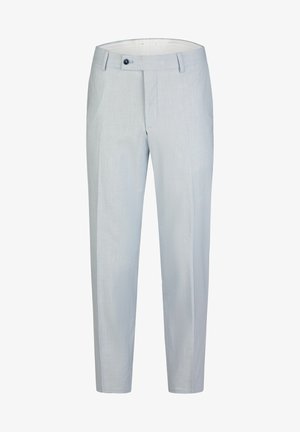 Lichtgrijze broek van textuurstof, met een rechte pijpdesign, voorplooien en een enkele knoopsluiting bij de tailleband.