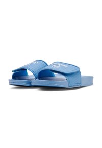 Blue slide sandals made of textured rubber, featuring a raised logo on the strap and a flat sole design for comfort.