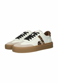 White low-top sneakers with black laces, beige suede toe caps, leopard print side accents, and brown rubber soles.