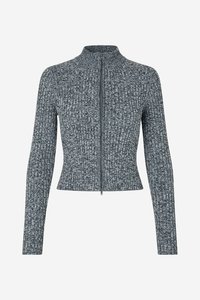 Pulover gri cu fermoar și model în dungi, cu mâneci lungi, guler înalt și talie strânsă, realizat dintr-un material texturat.