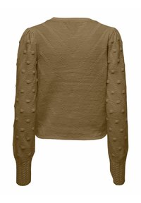 Pull en maille beige avec des manches bouffantes, des bobbles texturés et un motif en chevrons sur le corps. Finitions côtelées aux manches et à l'ourlet.