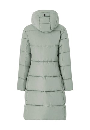 Hellgrüne Puffermantel mit Kapuze, ausgestattet mit einem gesteppten Design, langen Ärmeln, einem mittellangen Schnitt und einem kleinen schwarzen Logo auf dem Rücken.