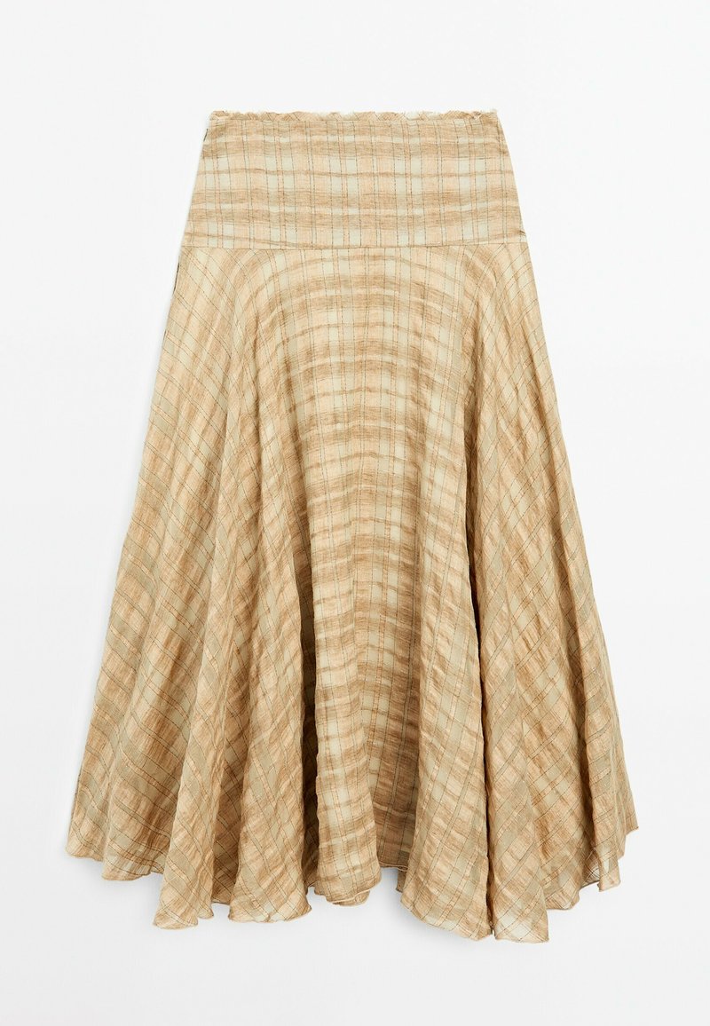 Beige Karorock mit schwingendem Design, aus strukturiertem Material und mit einem elastischen Taillenbund für Komfort und Bequemlichkeit.