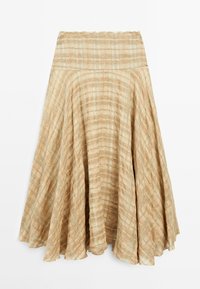 Beige karierter Rock mit einem ausgestellten Design, ausgestattet mit einem breiten, elastischen Bund und einem leichten, strukturierten Stoff. Endet kurz unter dem Knie.