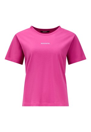Leuchtend pinkes T-Shirt mit kurzen Ärmeln, Rundhalsausschnitt und kleinem weißem "ROSSIGNOL"-Logo mittig auf der Brust.