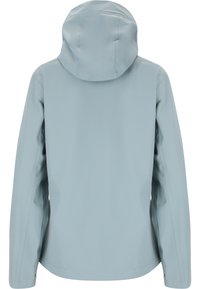 Veste à capuche imperméable bleu clair vue de dos avec manches longues et surface lisse avec détails des coutures.