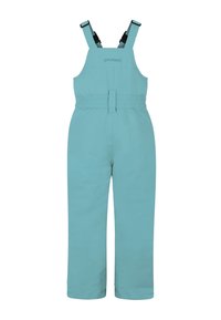 Tyrkysové lyžařské kombinézy vyrobené z odolného materiálu. Mají nastavitelné popruhy, elastický pas a široký střih nohavic pro pohodlí a mobilitu.