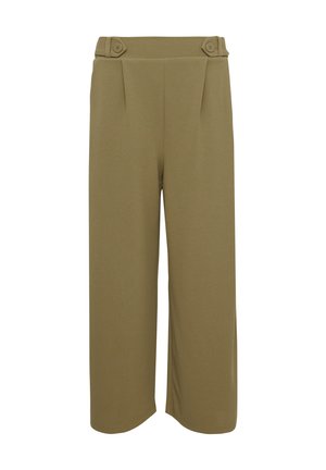 Khaki wijde broek in een zachte stof, met een platte tailleband met twee knopen en enkele plooien aan de voorkant voor extra ontwerpdetails.