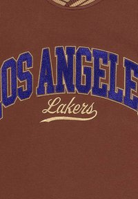 Brauner Pullover mit dem Aufdruck "LOS ANGELES" in Blau und "Lakers" in Gold, mit Rundhalsausschnitt und strukturiertem Stoff.