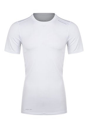 White, short-sleeved athletic t-shirt made from smooth fabric. Features seamless construction and "QUICK DRY" text at the hem.