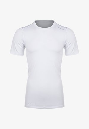 Hvid, kortærmet athletic t-shirt lavet af glat stof. Har sømløs konstruktion og "QUICK DRY" tekst ved kanten.