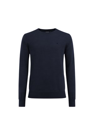 Pull en tricot bleu marine avec un col rond, des manches longues et des poignets et un ourlet côtelés. Détail logo subtil sur la poitrine.