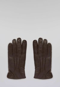Gants en cuir marron à texture lisse, avec six doigts, des coutures décoratives et un détail de poignet subtil.