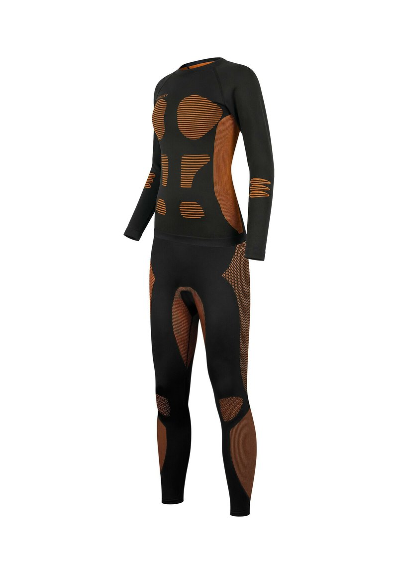Black and orange athletic long-sleeve top and leggings featuring patterned panels, textured accents, and ergonomic seams for fit and flexibility.