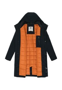 Black outer shell jacket with an orange quilted lining, featuring a hood, snap buttons, and a zippered pocket on the left chest area.
