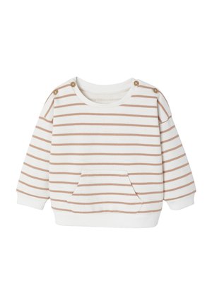 Gestreifter Pullover in Creme und hellbraun, mit einer Fronttasche, rundem Ausschnitt und Knopfdetails an der Schulter. Aus Baumwollmaterial.