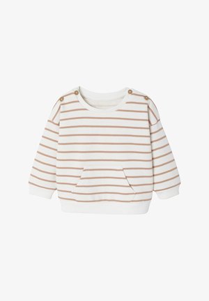 Striped pullover in cream and pale brown, featuring a front pocket, rounded neckline, and button accents on the shoulder. Cotton material.