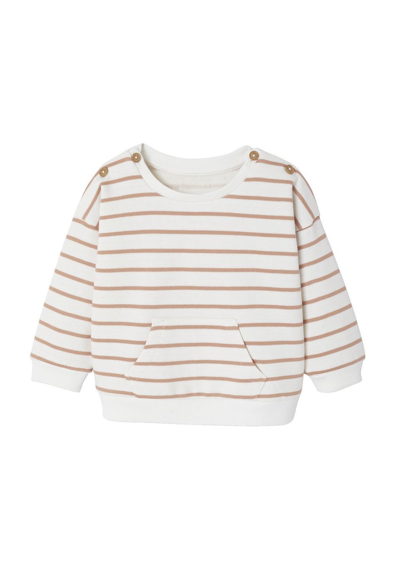 Striped pullover in cream and pale brown, featuring a front pocket, rounded neckline, and button accents on the shoulder. Cotton material.