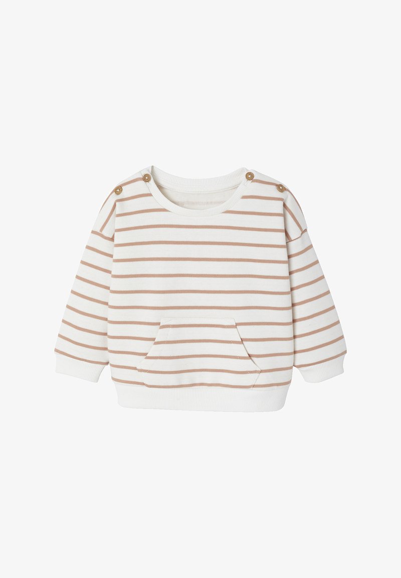 Striped pullover in cream and pale brown, featuring a front pocket, rounded neckline, and button accents on the shoulder. Cotton material.