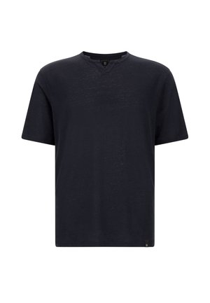 Black short-sleeve t-shirt made from soft fabric, featuring a V-neck design and a small logo tag on the bottom left side.
