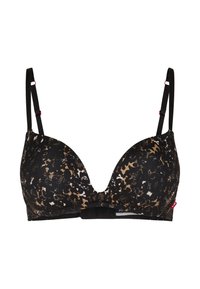 Czarny stanik w panterkę w odcieniach brązu i bieli. Posiada wyprofilowane miseczki, cienkie regulowane ramiączka oraz zapięcie na haftkę.