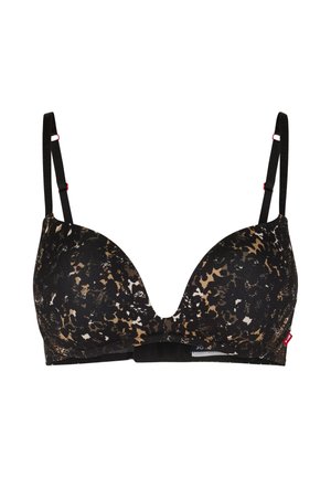 Reggiseno nero con un motivo a stampa leopardata in tonalità di marrone e bianco. Presenta coppe imbottite, spalline sottili e regolabili e una chiusura con gancio e occhiello.