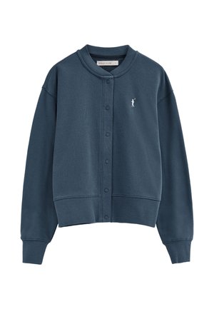 Felpa con bottoni di colore blu scuro, con polsini e orlo a coste, caratterizzata da un piccolo logo bianco di un giocatore di polo sul lato sinistro del petto.