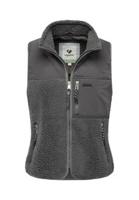 Grå ermeløs vest med quilte øvre del og myk, teksturert nedre del. Frontglidelås med to sidelommer og en brystlomme.
