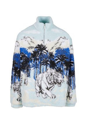 Polarowy sweter z wysokim kołnierzem, ozdobiony niebiesko-białym wzorem tygrysa w otoczeniu palm i gór. Miękka, pluszowa tekstura.