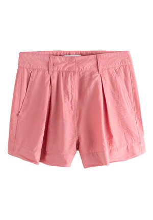 Lyserøde dame-shorts med høj talje, frontplisser, sidelommer, bæltestropper og skjult frontlukning.
