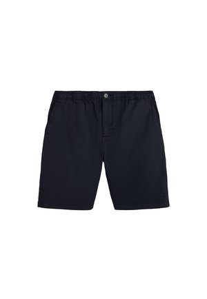 Pantalones cortos de hombre azul marino con cintura elástica, botón frontal, cremallera, bolsillos laterales y un pequeño logo cerca del dobladillo izquierdo.