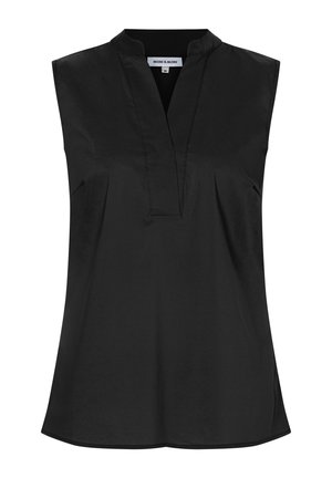 Black sleeveless women's blouse with V-neck and small stand-up collar, slightly fitted at the waist.