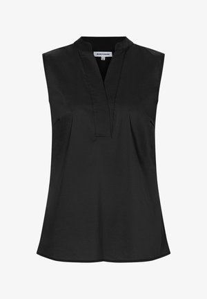 Blouse noire pour femme sans manches avec col en V et petit col montant, légèrement cintrée à la taille.