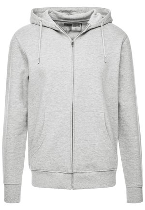 Grijze rits-hoodie van zacht fleece materiaal met een capuchon met trekkoord, twee voorzakken en ribgebreide manchetten en zoom.