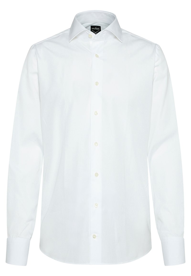 Weißes Hemd mit klassischem Kragen, langen Ärmeln und Knopfleiste. Baumwollstoff mit dezenter Textur und schlichter Gestaltung.
