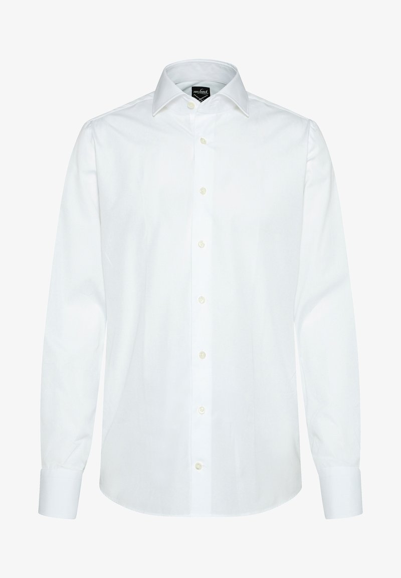 Weißes Hemd mit klassischem Kragen, langen Ärmeln und Knopfleiste. Baumwollstoff mit dezenter Textur und schlichter Gestaltung.