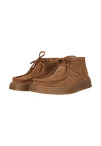 Brown suede ankle boots with rounded toe, lace-up design, stitched accents, and a rubber sole, featuring a label on the side.