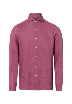 Männer-Leinenhemd mit langen Ärmeln in staubigem Rosa, mit durchgehender Knopfleiste und klassischem Kragen.