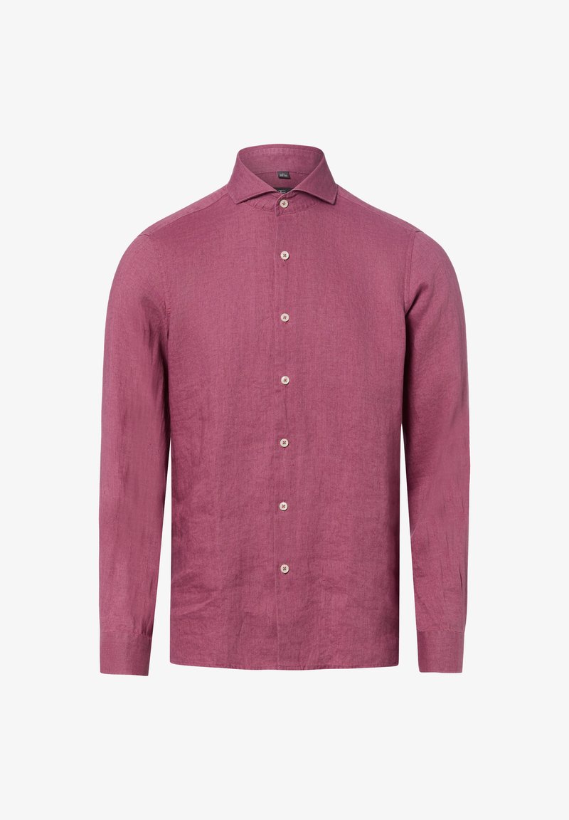 Chemise en lin à manches longues pour hommes, couleur rose poussiéreuse, avec fermeture boutonnée à l'avant et col classique.