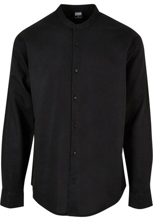 Black long-sleeve shirt with a mandarin collar, front button closure, and smooth texture. Features a straight hem and buttoned cuffs.