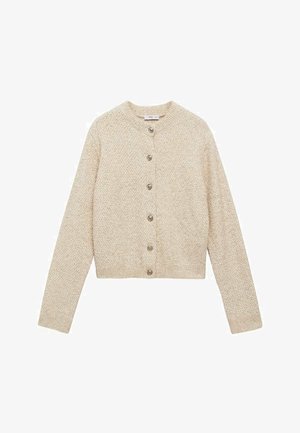 Beige gebreide cardigan met een ronde halslijn, lange mouwen en knopen aan de voorkant. Geweven stof met een iets cropped pasvorm.