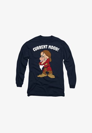 Navy long-sleeve shirt featuring a cartoon dwarf with a frown. Text above reads "CURRENT MOOD!" in bold white letters.