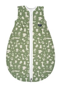 Grüner Schlafsack mit weißen Tier- und Naturmotiven, ausgestattet mit einem Frontreißverschluss und einem runden Bodendesign für einfaches Anziehen und Komfort.