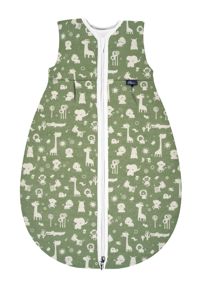 Grüner Schlafsack mit weißen Tier- und Naturmotiven, ausgestattet mit einem Frontreißverschluss und einem runden Bodendesign für einfaches Anziehen und Komfort.