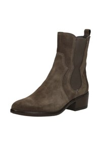 Bruine suède enkellaars met elastische zijpanelen, een afgeronde neus en een kleine opgestapelde hak. Gestructureerd bovenwerk met een gladde zool.