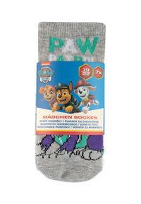 Szare skarpetki z postaciami z Paw Patrol, z zielonym napisem "PAW PATROL" oraz wzorami w kolorze fioletowym i czarnym. W opakowaniu.